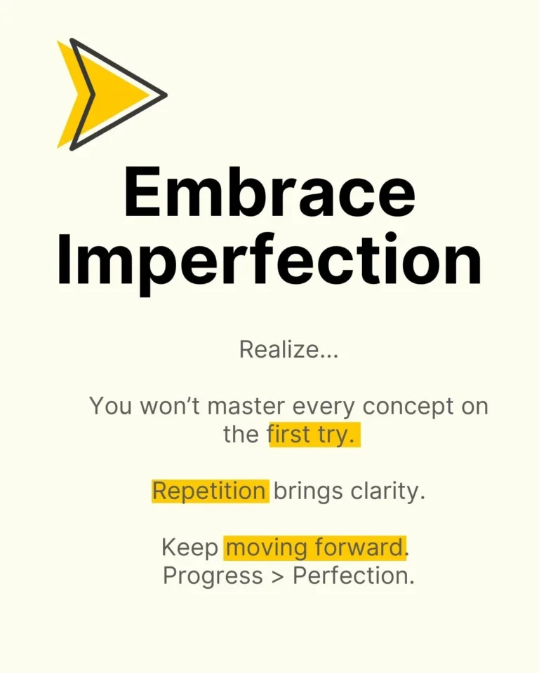 Slide encouraging CFA candidates to embrace imperfection in studying, with emphasis on repetition and progress.