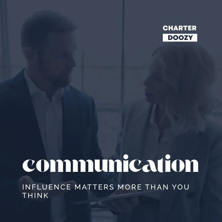 A business conversation between two professionals with the text "Communication – Influence Matters More Than You Think."