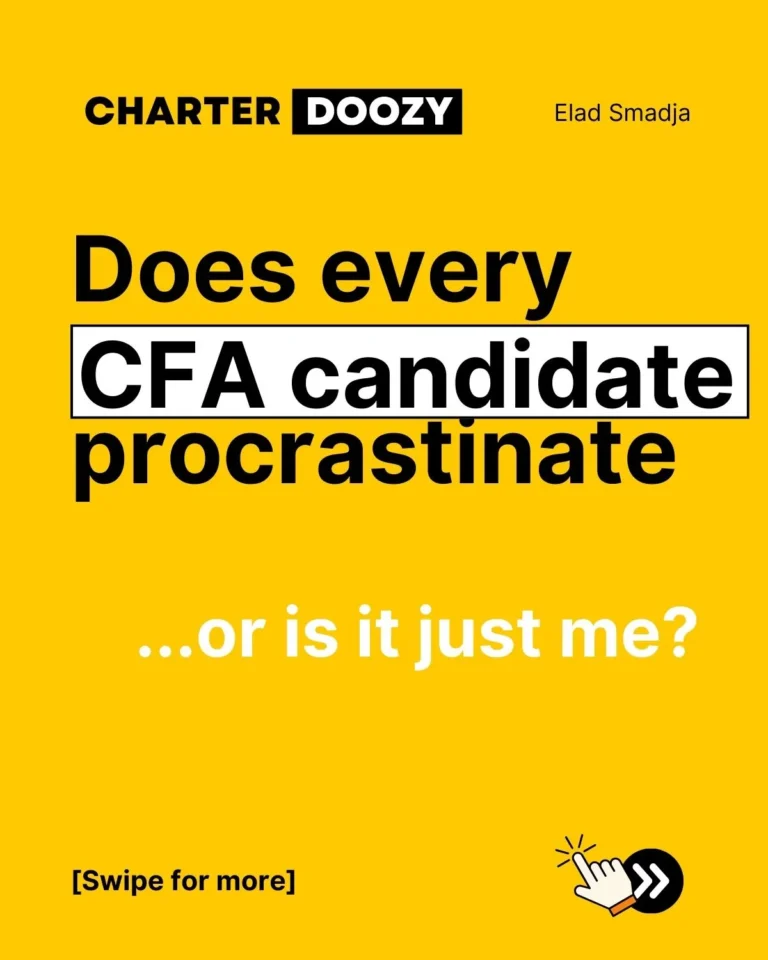 Charter Doozy CFA Procrastination carousel cover slide with bold yellow and black text.