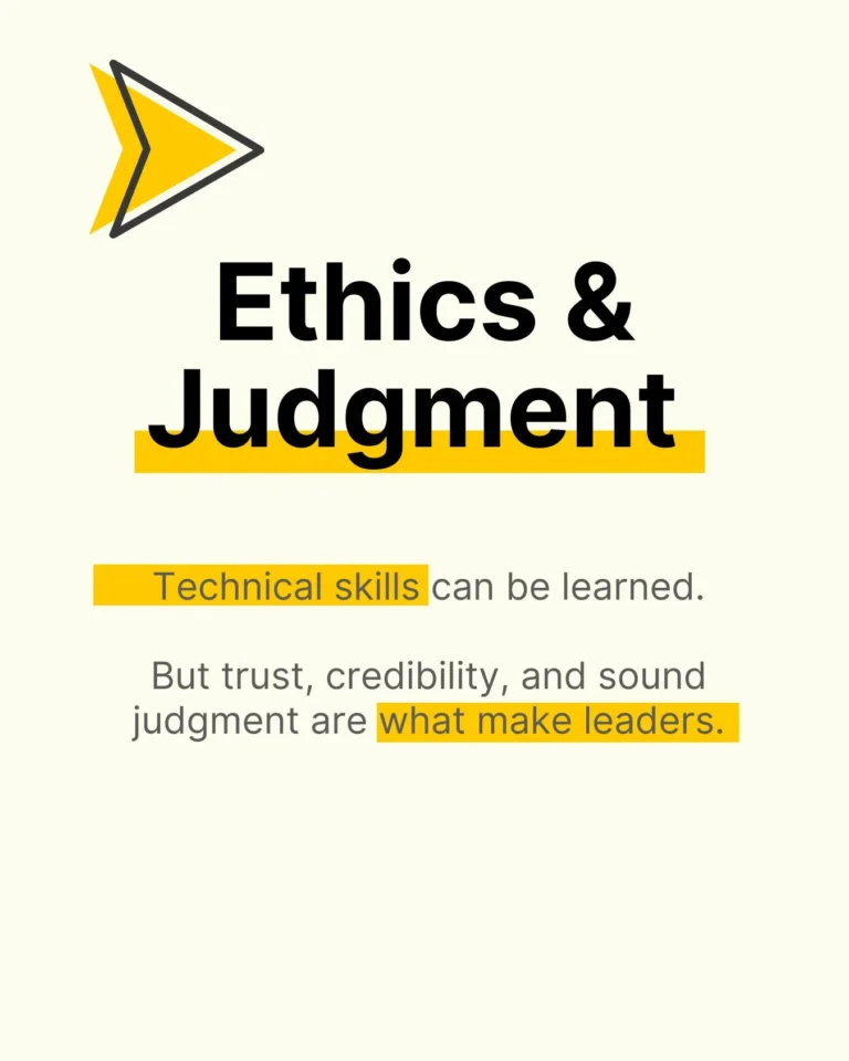 A slide explaining that technical skills can be learned, but trust, credibility, and sound judgment define true leaders.