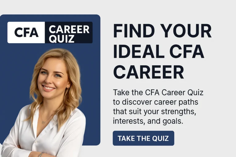 Blonde woman smiling next to the quiz prompt text "Find your ideal CFA career" and a CTA button that says "Take the quiz"