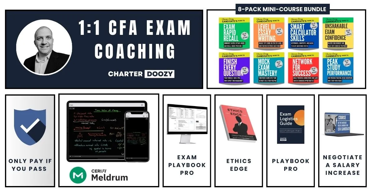 Charter Doozy CFA coaching bundle including 1:1 coaching, exam playbook, ethics book, mini-courses, and salary negotiation tools