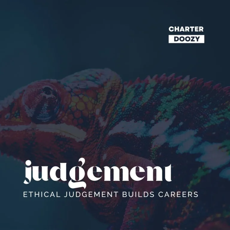 A close-up of a colorful chameleon with the text "Judgment – Ethical Judgment Builds Careers."