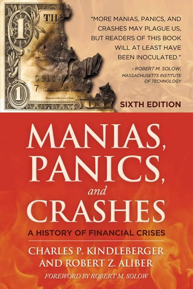 Manias, Panics, and Crashes book cover by Charles P. Kindleberger and Robert Z. Aliber.