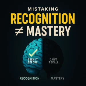 A glowing 3D brain, half green with a check mark (“Seen it before”) and half dark with a question mark (“Can’t recall”), under the heading “Recognition ≠ Mastery.”