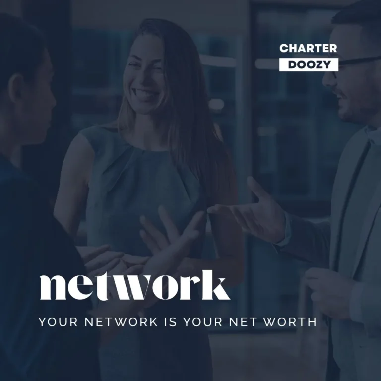 A group of professionals networking, with the text "Network – Your Network Is Your Net Worth."