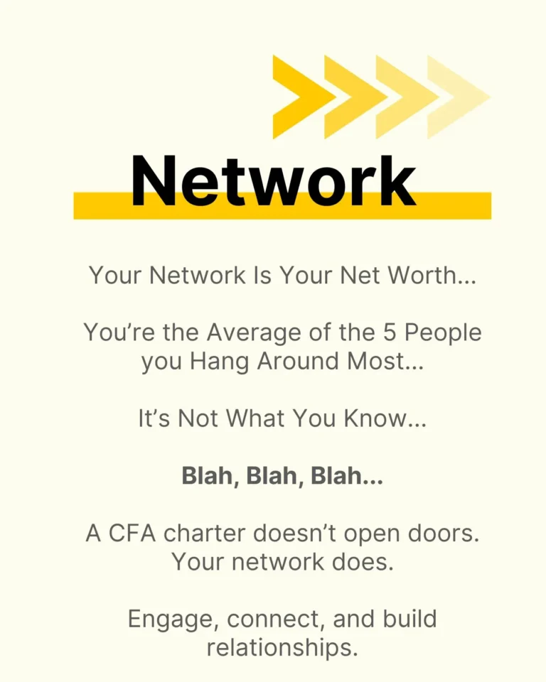 A slide explaining that a CFA charter doesn’t open doors—your network does.