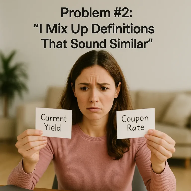 Woman confused while holding flashcards of CFA terms