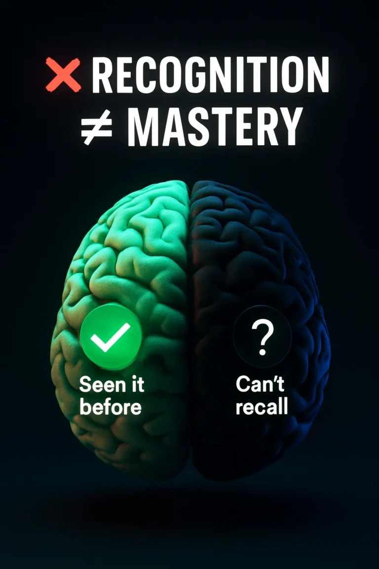 A 3D brain illustration split in two halves: the left side labeled “Seen it before” with a check mark; the right side darkened with “Can’t recall.”