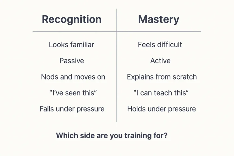 A two-column comparison table listing the differences between Recognition (e.g., passive, “I’ve seen this”) and Mastery (e.g., active, “I can teach this”)