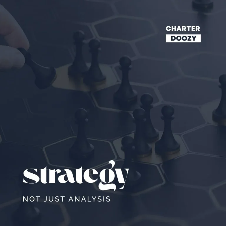 A chessboard with strategic moves being planned, with the text "Strategy – Not Just Analysis."
