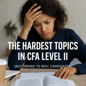 Stressed CFA candidate studying with textbook and coffee, text overlay reads "The Hardest Topics in CFA Level II"