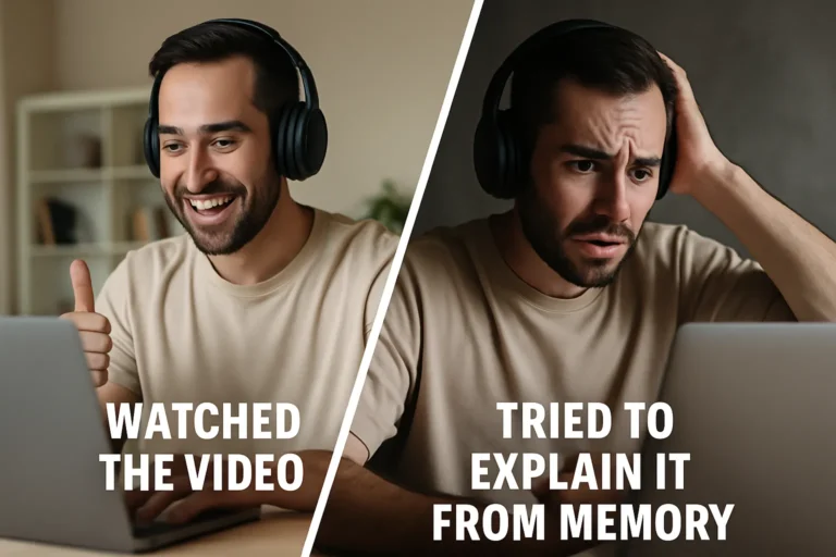 Split image of the same man: on the left smiling while watching a video; on the right frustrated trying to recall information from memory.