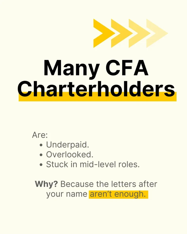A slide listing common struggles of CFA Charterholders, including being underpaid, overlooked, or stuck in mid-level roles.