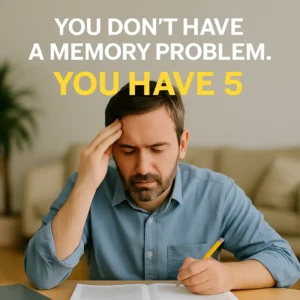 Stressed CFA candidate studying with text overlay: “You Don’t Have a Memory Problem. You Have 5”