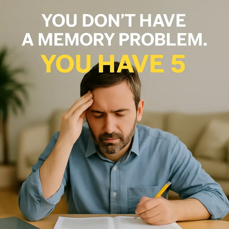 Stressed CFA candidate studying with text overlay: “You Don’t Have a Memory Problem. You Have 5”