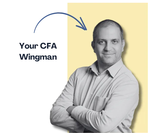 Smiling man with crossed arms and caption "Your CFA Wingman" with a curved arrow pointing to him