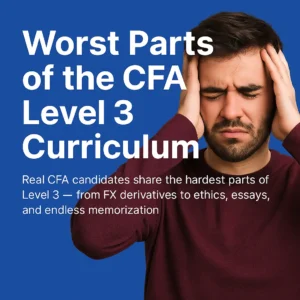 Stressed CFA candidate holding head with text about CFA Level 3 curriculum