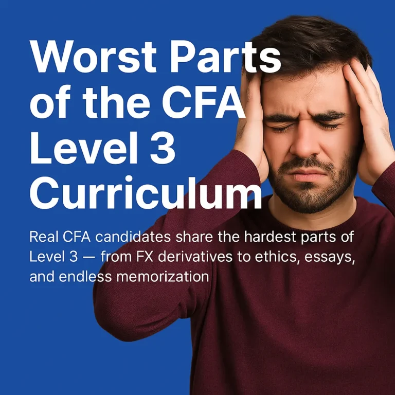 Stressed CFA candidate holding head with text about CFA Level 3 curriculum