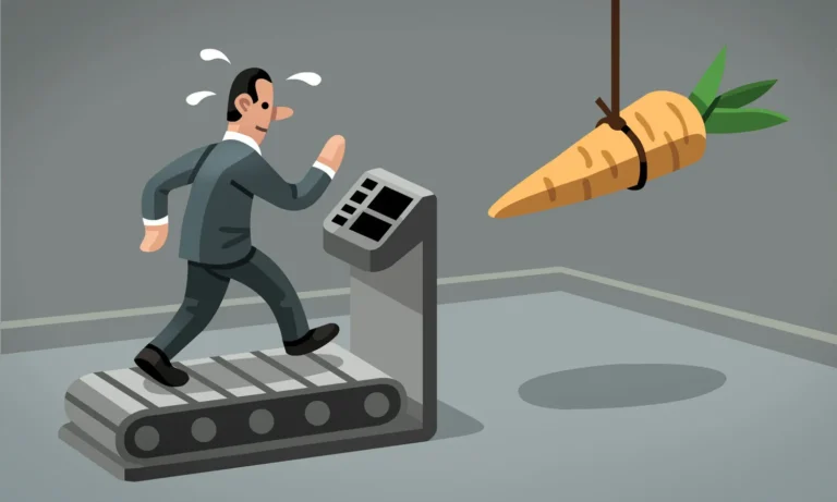 Cartoon of businessman on treadmill chasing a dangling carrot – concept of incentives