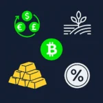 Icons representing major asset classes: currencies, agriculture, Bitcoin, gold, and interest rates, on a dark background.