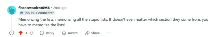 Reddit comment about excessive list memorization in CFA Level 3