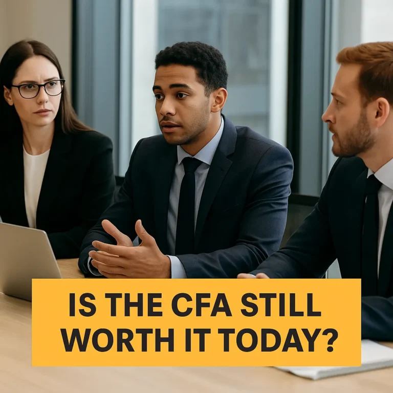 Three finance professionals in a meeting discussing the CFA designation, with bold text saying "Is the CFA Still Worth It Today"