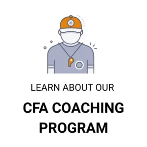 Illustrated coach figure with whistle and orange cap, with text “Learn About Our CFA Coaching Program”