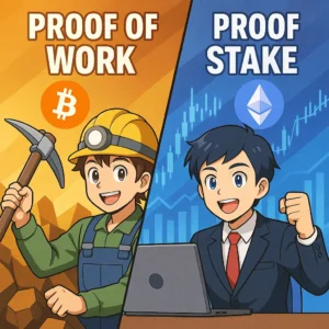 Anime-style split image showing a smiling Bitcoin miner on the Proof of Work side and a cheerful crypto trader on the Proof of Stake side, with Bitcoin and Ethereum logos.