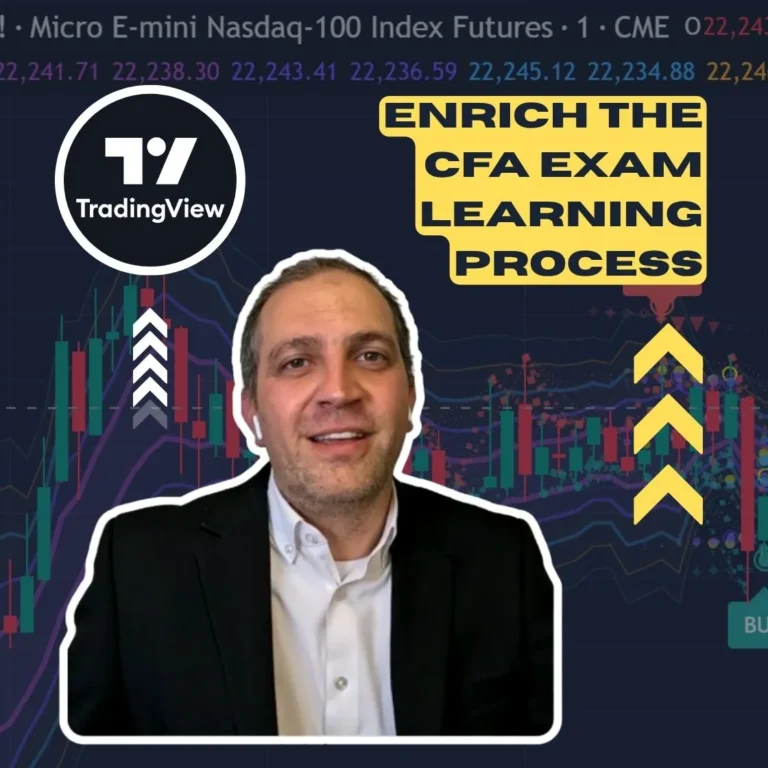 Person in suit in front of trading chart with TradingView logo and text “Enrich the CFA Exam Learning Process”