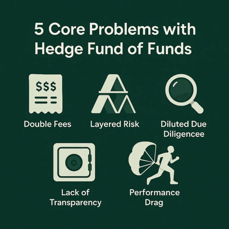 Icons summarizing five problems: double fees, layered risk, diluted due diligence, lack of transparency, performance drag