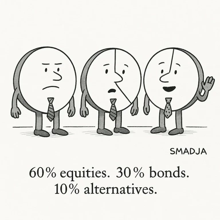 Cartoon of three pie charts depicting 60% equities, 30% bonds, and 10% alternatives allocation