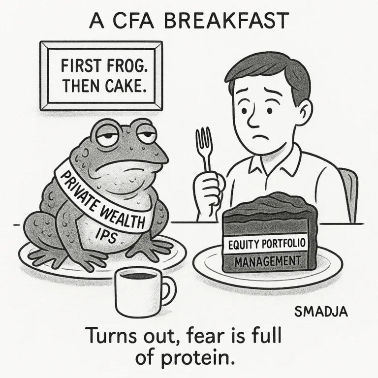 Cartoon of a CFA candidate facing a gross frog labeled Private Wealth before enjoying dessert
