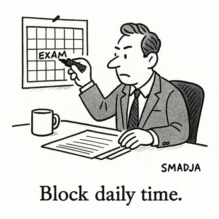Cartoon of a focused CFA candidate marking "EXAM" on a calendar.