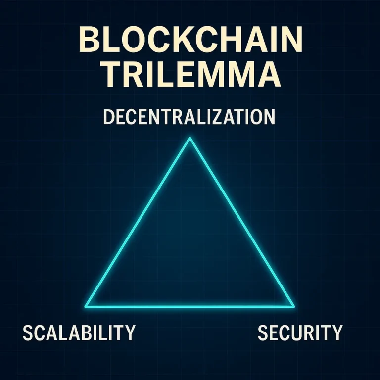 Triangle graphic illustrating blockchain trilemma of scalability, decentralization, and security