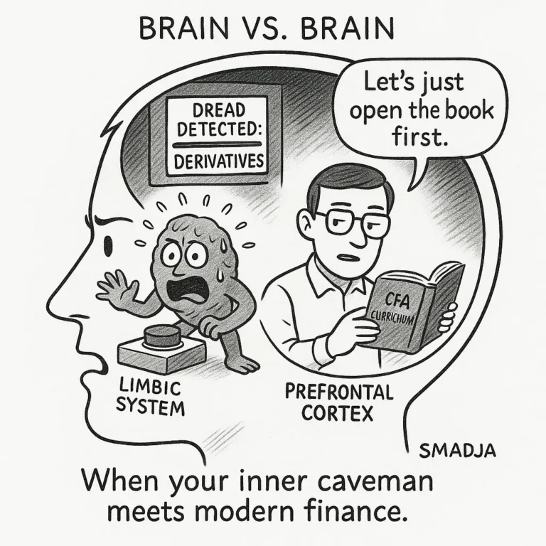 Cartoon showing CFA candidate's brain split between panic and rational thought over derivatives