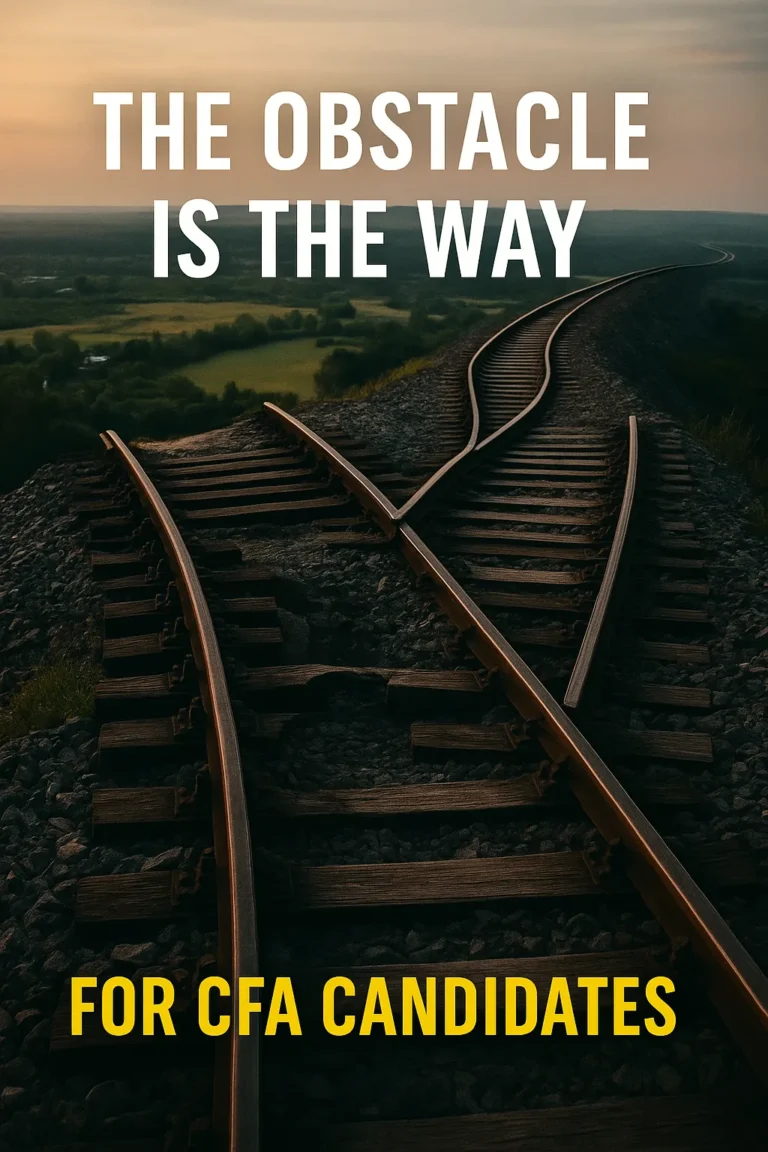 Railway track split with a broken section and detour, with text “The Obstacle is the Way – For CFA Candidates”