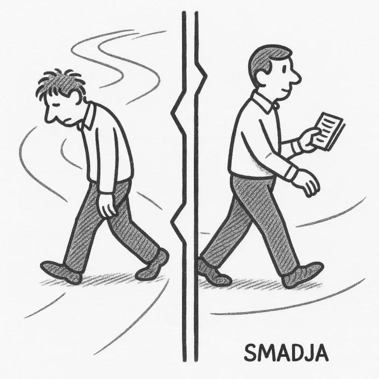 Split-screen cartoon showing one person walking away defeated and another continuing slowly with study notes.