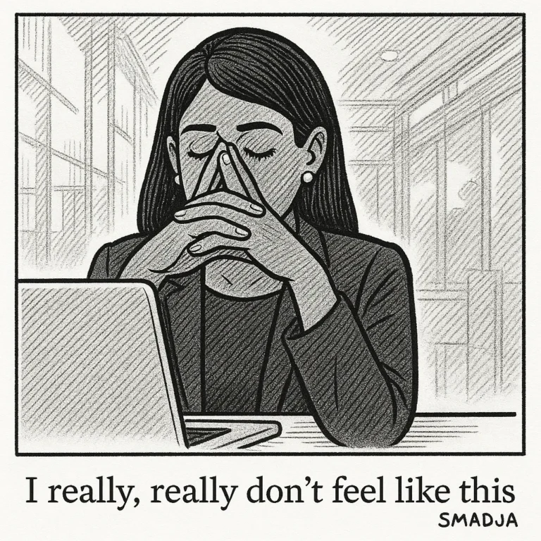 Cartoon of a woman with eyes closed and fingers pressed to her face, sitting in front of a laptop looking mentally drained.