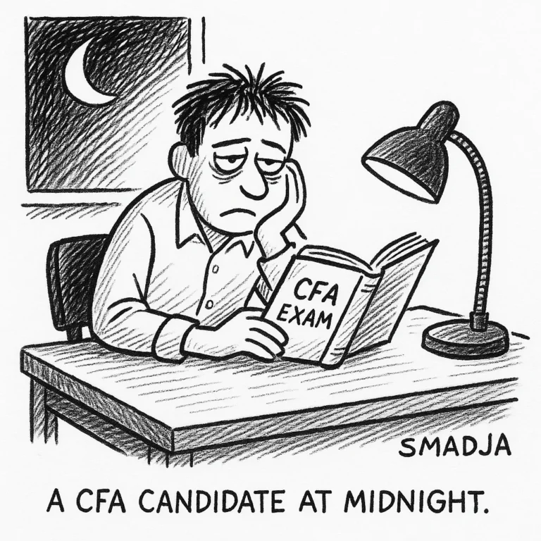 Cartoon of a sleepy CFA candidate studying under a desk lamp with a “CFA Exam” book and a crescent moon in the window.
