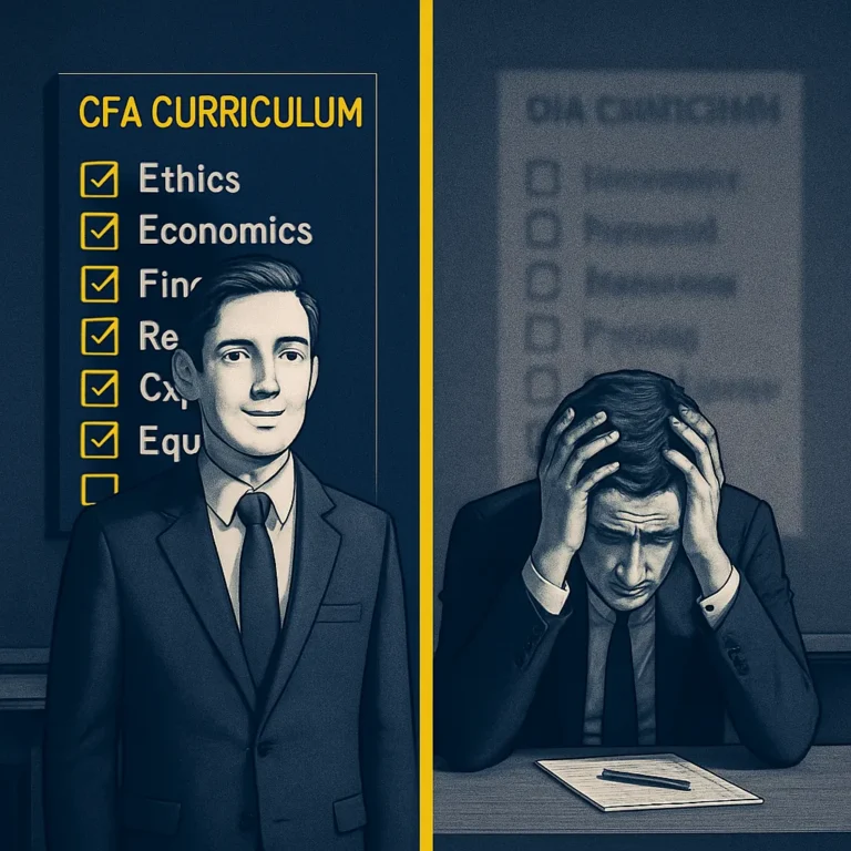Split-screen image of two CFA candidates: one confident with a completed checklist, the other stressed with missing topics.