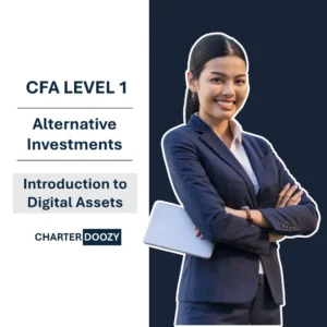Smiling professional woman in business suit promoting CFA Level 1 Alternative Investments course on digital assets