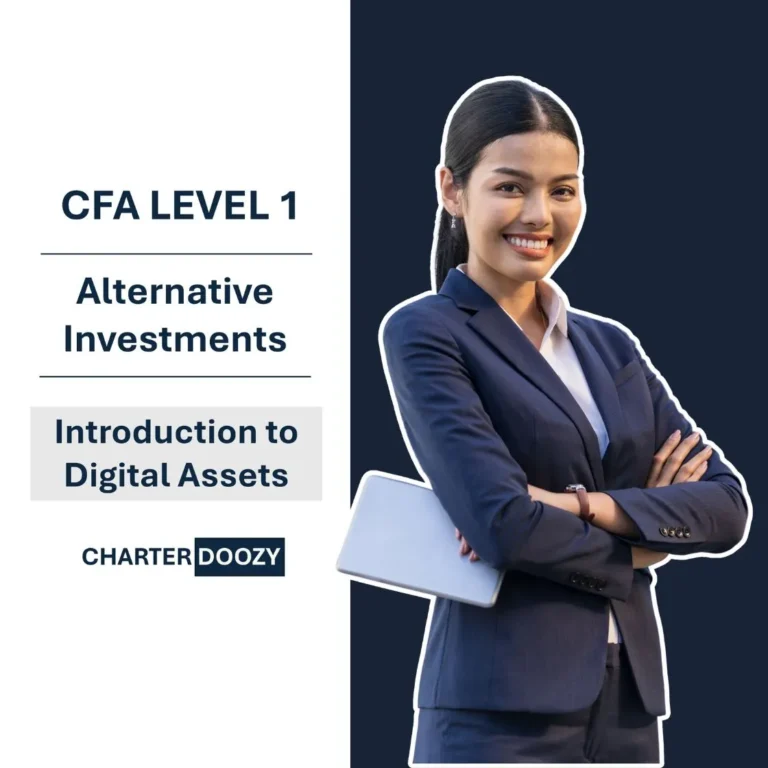 Smiling professional woman in business suit promoting CFA Level 1 Alternative Investments course on digital assets