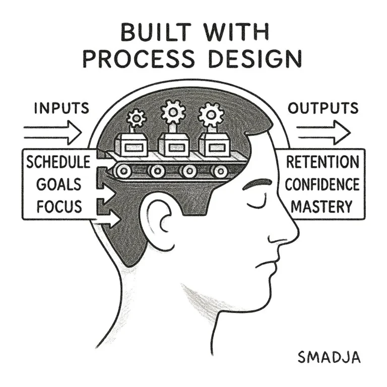 Cartoon of a candidate’s head filled with a conveyor belt transforming “Schedule, Goals, Focus” into “Retention, Confidence, Mastery.”