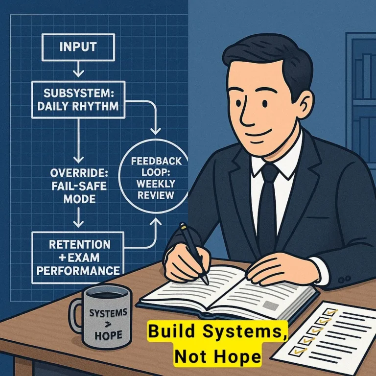 Split-screen image showing a CFA candidate at a desk beside a blueprint-style diagram of a structured study system.