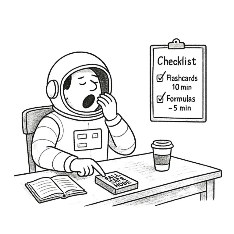 Cartoon of tired CFA candidate in an astronaut suit, pressing a “Fail-Safe Mode” button with a checklist in the background.