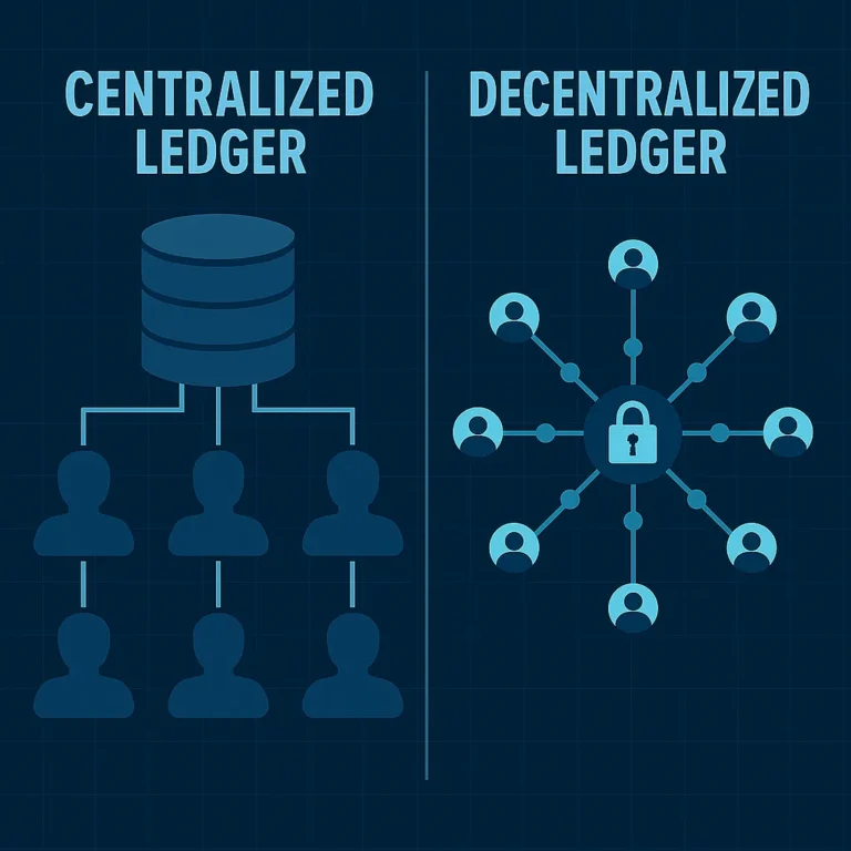 Diagram comparing centralized and decentralized ledger structures