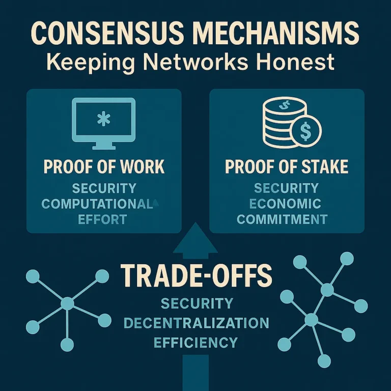 Infographic comparing Proof of Work and Proof of Stake with trade-offs
