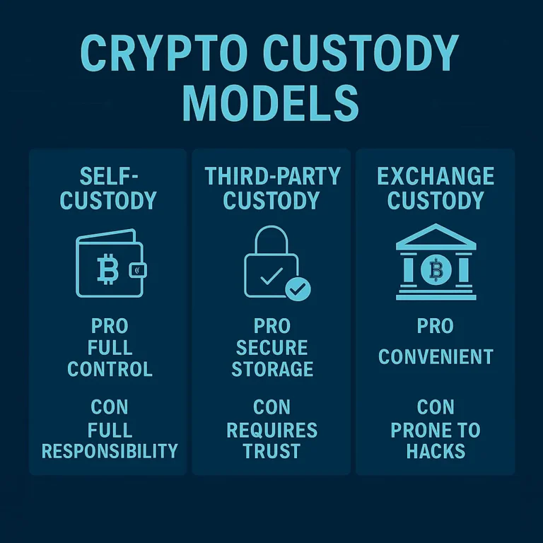 Crypto custody models infographic comparing self-custody, third-party custody, and exchange custody