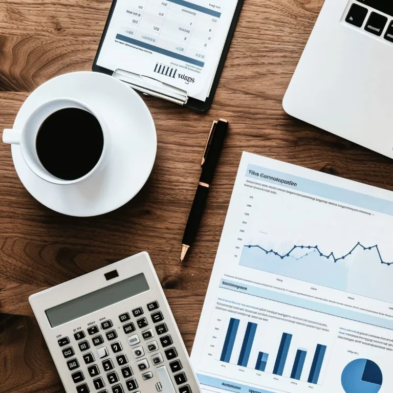 Financial reports, coffee, calculator, and laptop representing portfolio analysis
